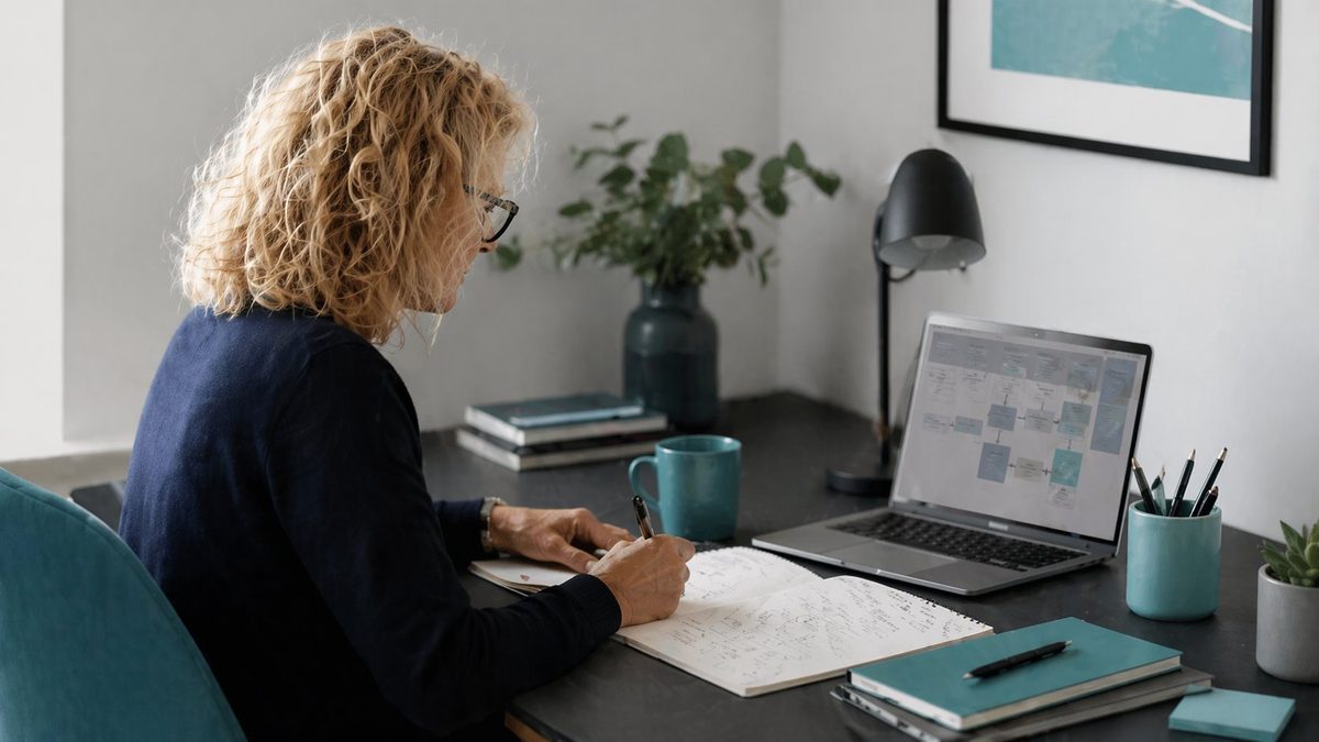 Schreibtisch mit Laptop, Notizen und konzeptioneller Arbeit